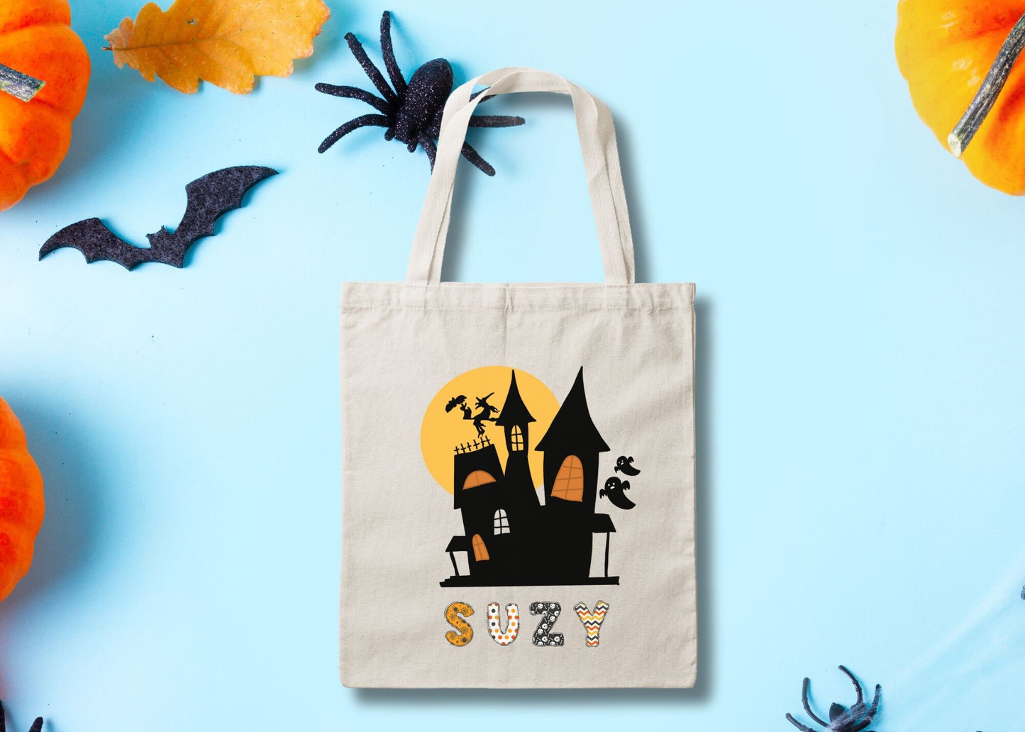 Haunted House Personalized Halloween Trick or Treat Canvas Tote Bag, Custom Trick or Treat Bag, Halloween Bags for Kids Gift, Trick-Or-Treat