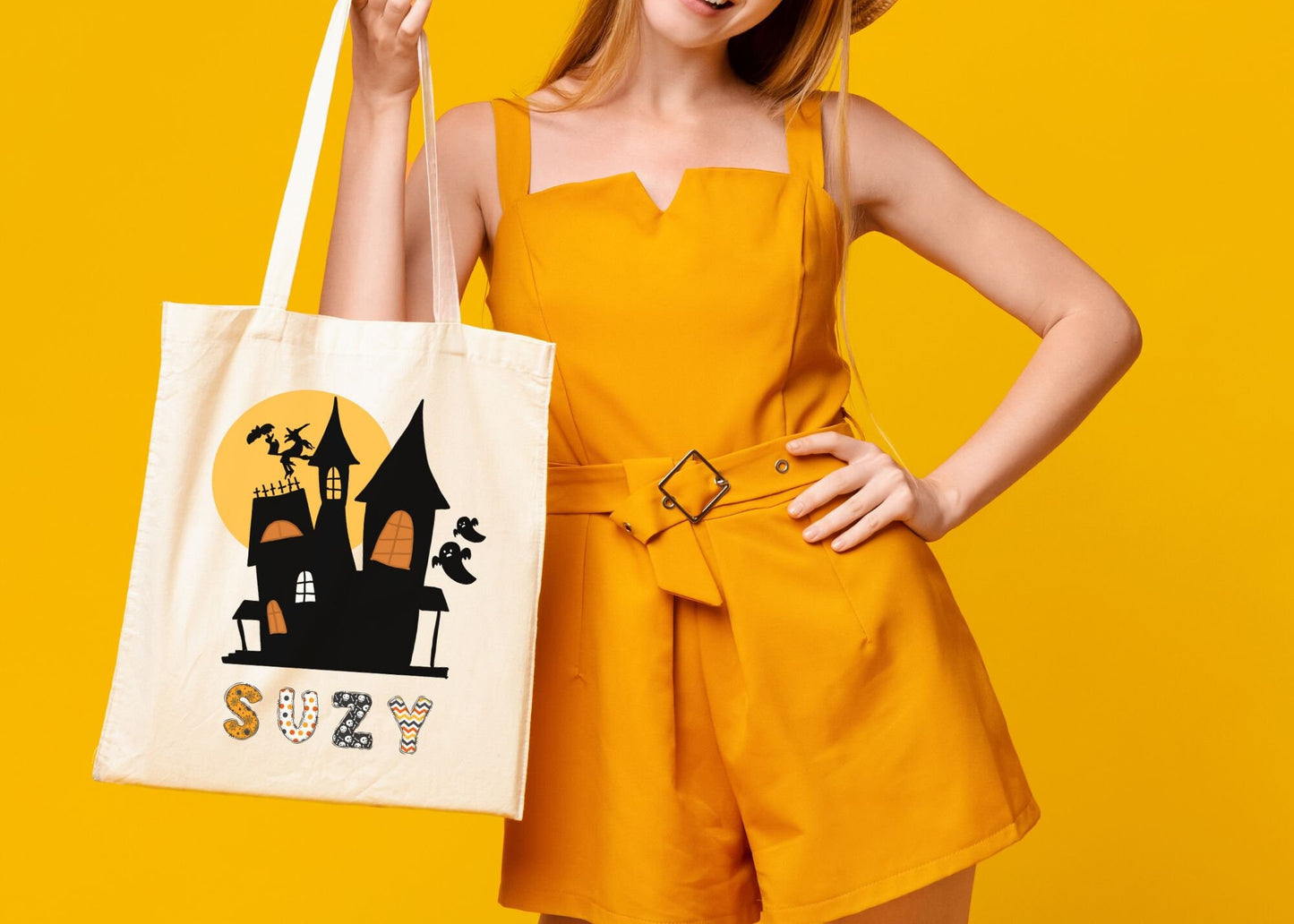 Haunted House Personalized Halloween Trick or Treat Canvas Tote Bag, Custom Trick or Treat Bag, Halloween Bags for Kids Gift, Trick-Or-Treat