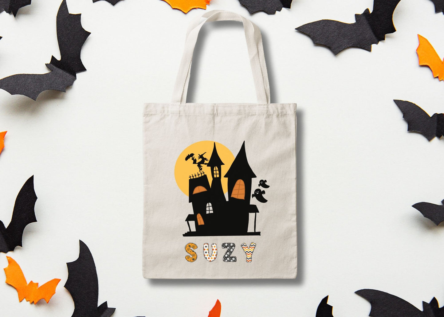 Haunted House Personalized Halloween Trick or Treat Canvas Tote Bag, Custom Trick or Treat Bag, Halloween Bags for Kids Gift, Trick-Or-Treat