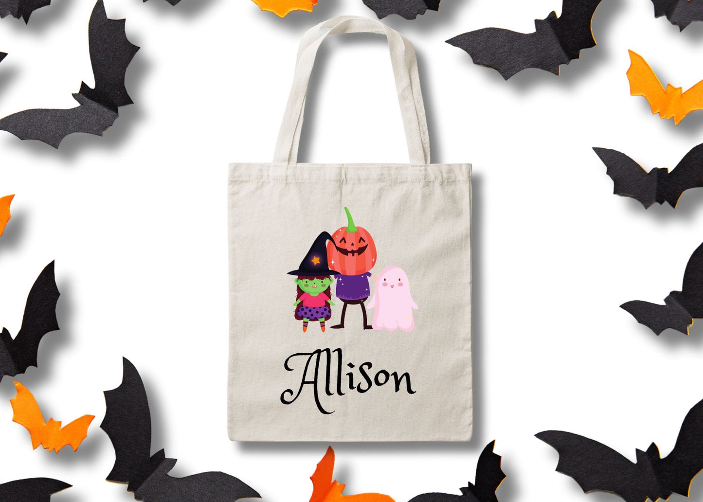 Personalized Halloween Trick or Treat Canvas Tote Bag- Ghost Pumpkin Witch