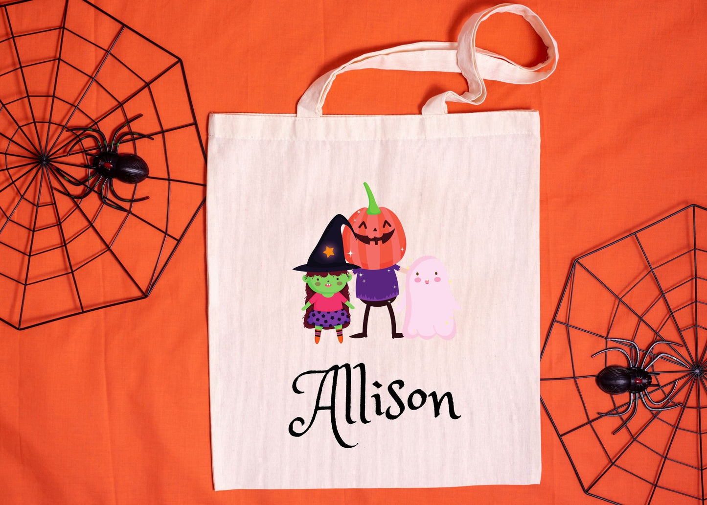 Personalized Halloween Trick or Treat Canvas Tote Bag- Ghost Pumpkin Witch