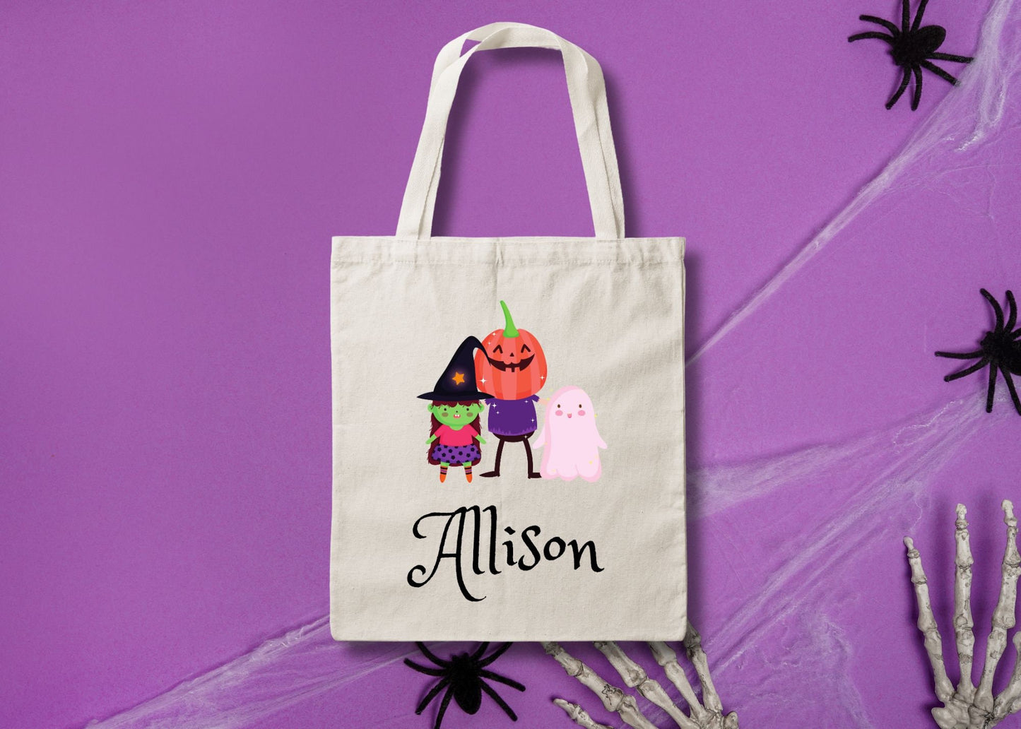 Personalized Halloween Trick or Treat Canvas Tote Bag- Ghost Pumpkin Witch