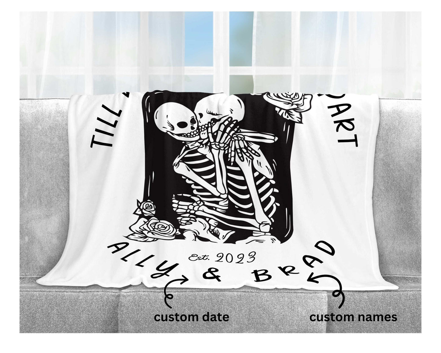 Custom Gift for Couple, Till Death Do Us Part Blanket, Halloween Wedding Gift, Skeleton Couple Custom Wedding Gift Blanket Wall Decor Gothic