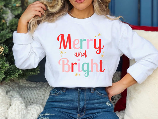 Merry and Bright Christmas Sweatshirt, Cute Christmas Sweatshirt, Christmas Sweater, Christmas Sweatshirt for Women, Cozy Holiday Sweatshirt