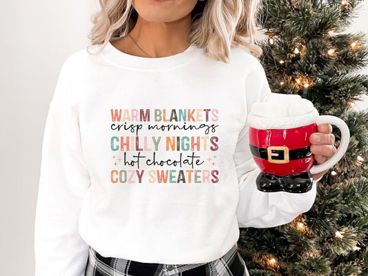 Warm blankets, Chilly nights Sweatshirt Shirt For Women, Cute Fall Gift For Her Crewneck Matching, Thanksgiving Shirt, Cozy Sweaters