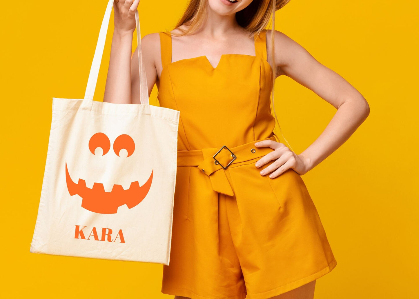 Pumpkin Smile Personalized Trick or Treat Canvas Tote Bag, Halloween Bags for Kids Gift, Candy Tote Bags, Jack O Lantern Custom Treat Bag