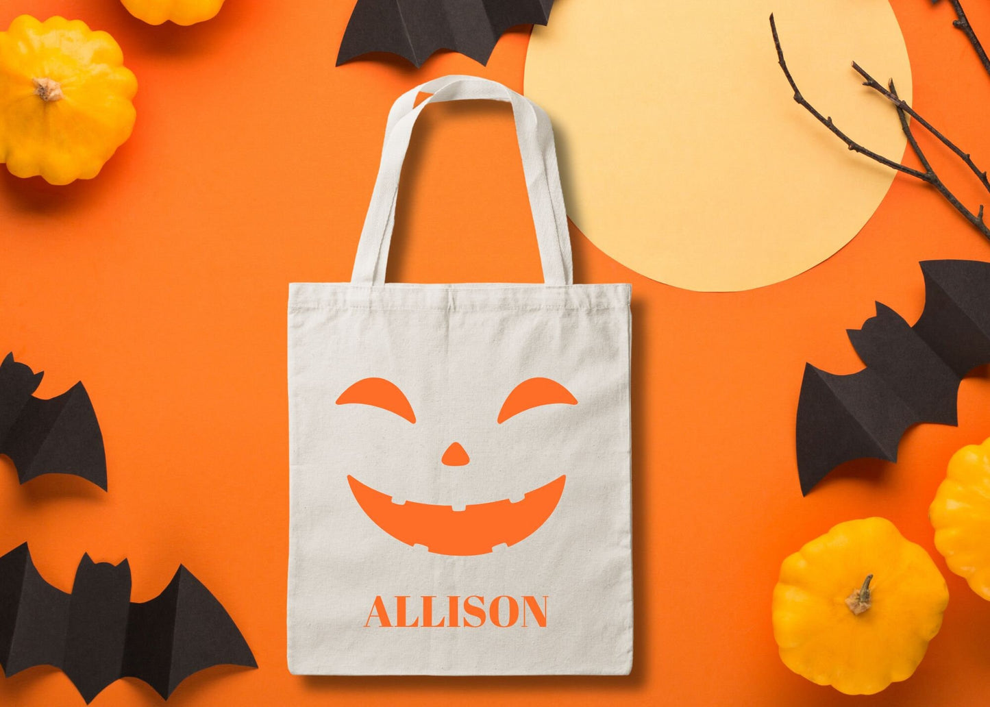 Pumpkin Smile Personalized Trick or Treat Canvas Tote Bag, Halloween Bags for Kids Gift, Candy Tote Bags, Jack O Lantern Custom Treat Bag