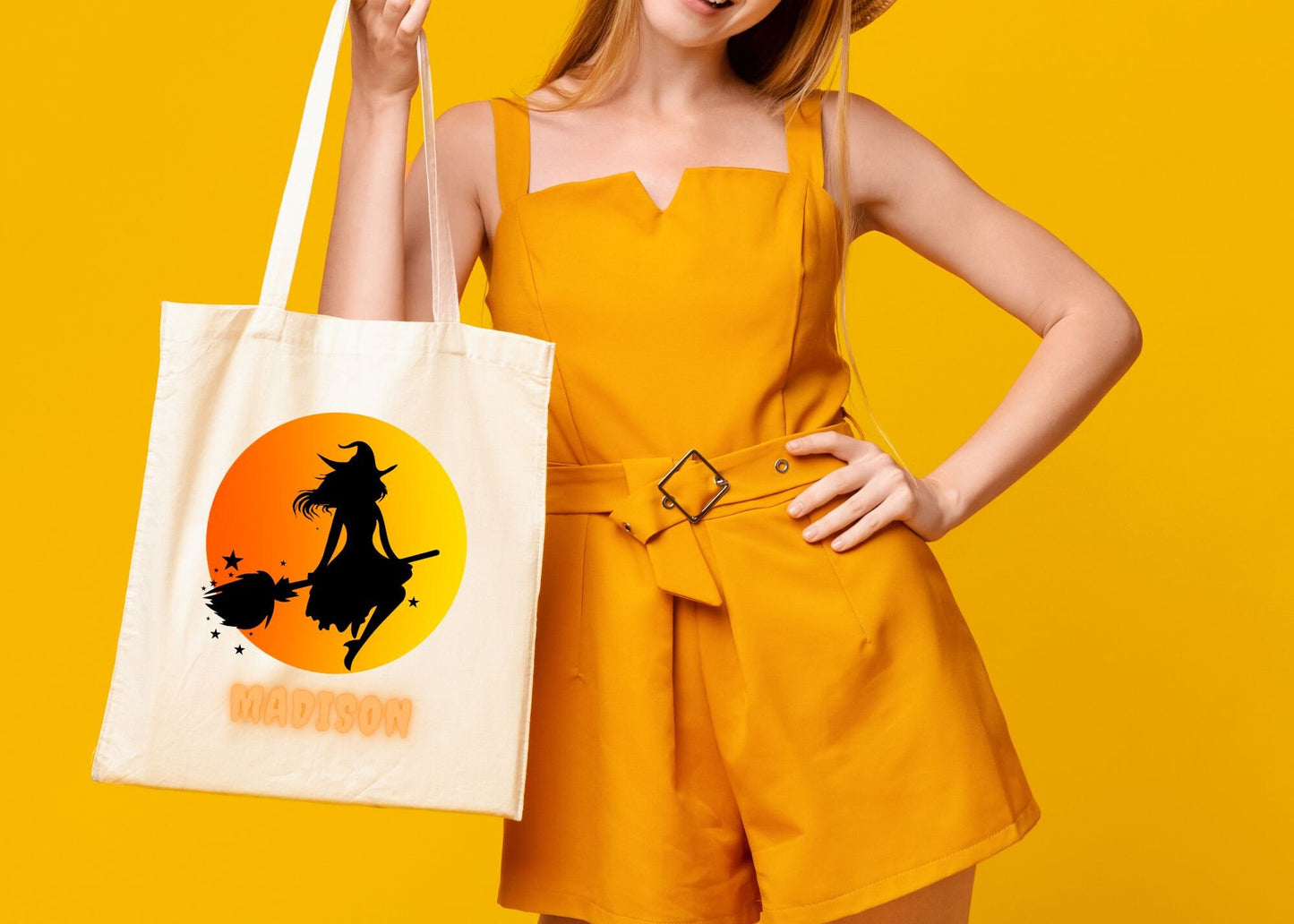 Kids Personalized Halloween Trick or Treat Canvas Tote Bag, Witch Girly Custom Trick or Treat Bag, Halloween Bags for Kids Gift, Candy Bags