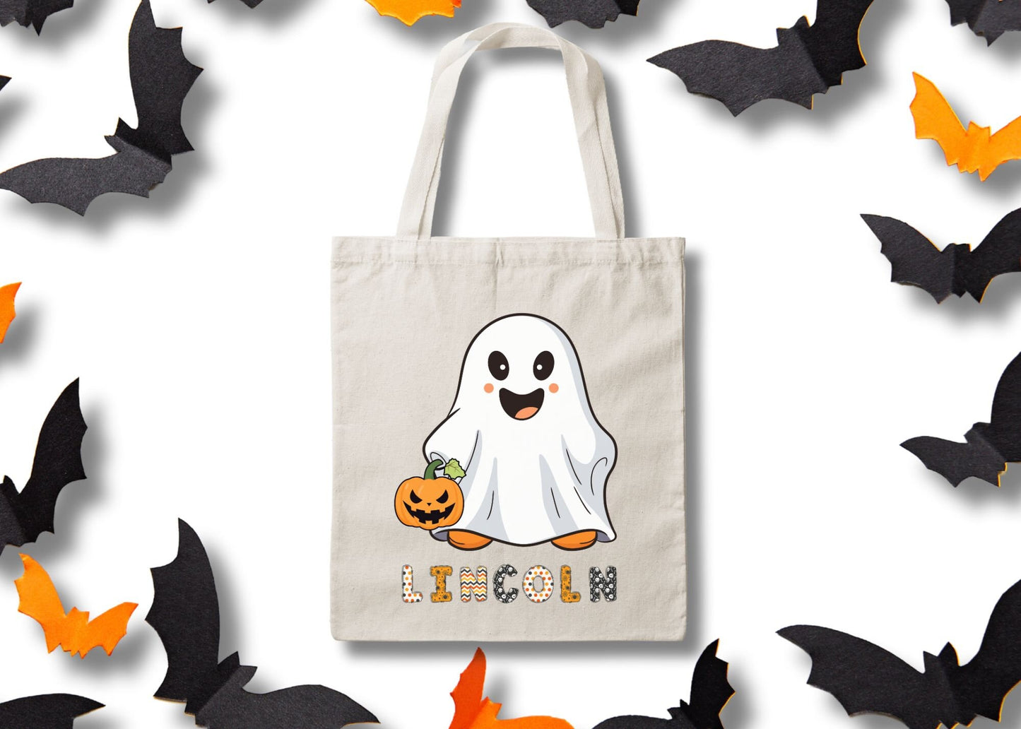 Halloween Ghost Personalized Trick or Treat Canvas Tote Bag, Ghost Custom Trick or Treat Bag, Halloween Bags for Kids Gift, Candy Bags