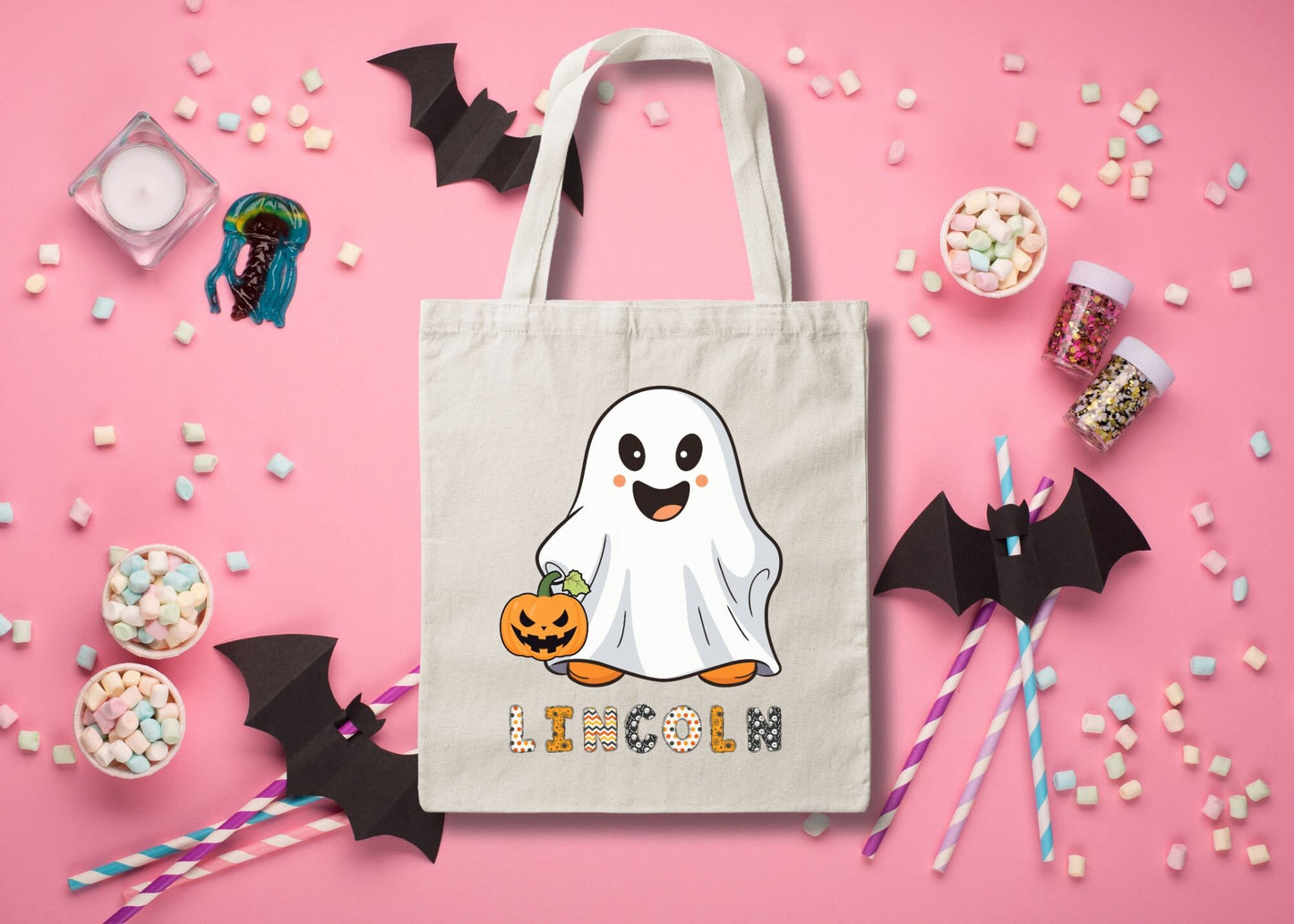 Halloween Ghost Personalized Trick or Treat Canvas Tote Bag, Ghost Custom Trick or Treat Bag, Halloween Bags for Kids Gift, Candy Bags