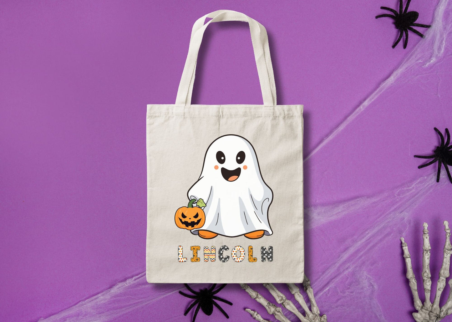 Halloween Ghost Personalized Trick or Treat Canvas Tote Bag, Ghost Custom Trick or Treat Bag, Halloween Bags for Kids Gift, Candy Bags