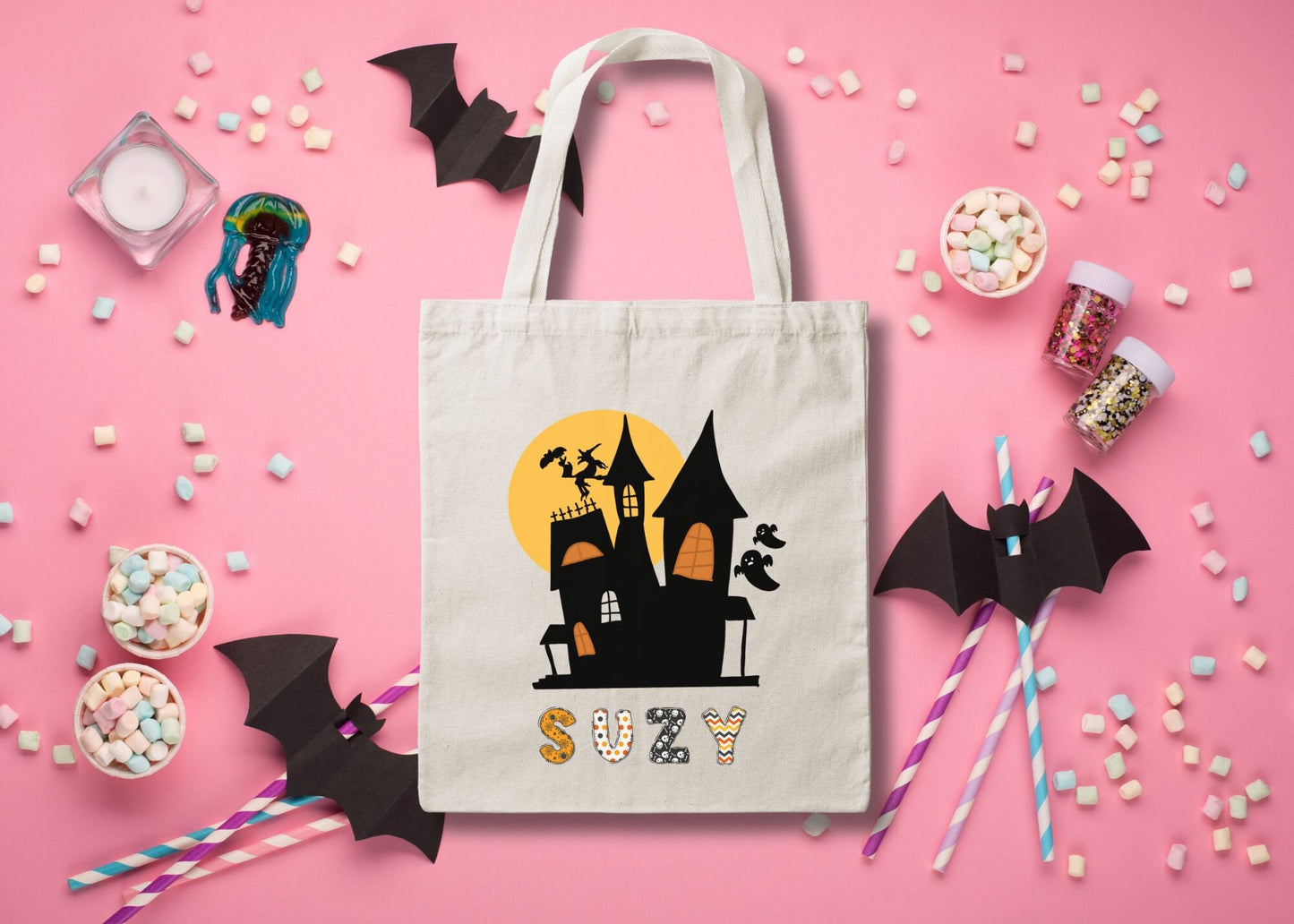 Haunted House Personalized Halloween Trick or Treat Canvas Tote Bag, Custom Trick or Treat Bag, Halloween Bags for Kids Gift, Trick-Or-Treat