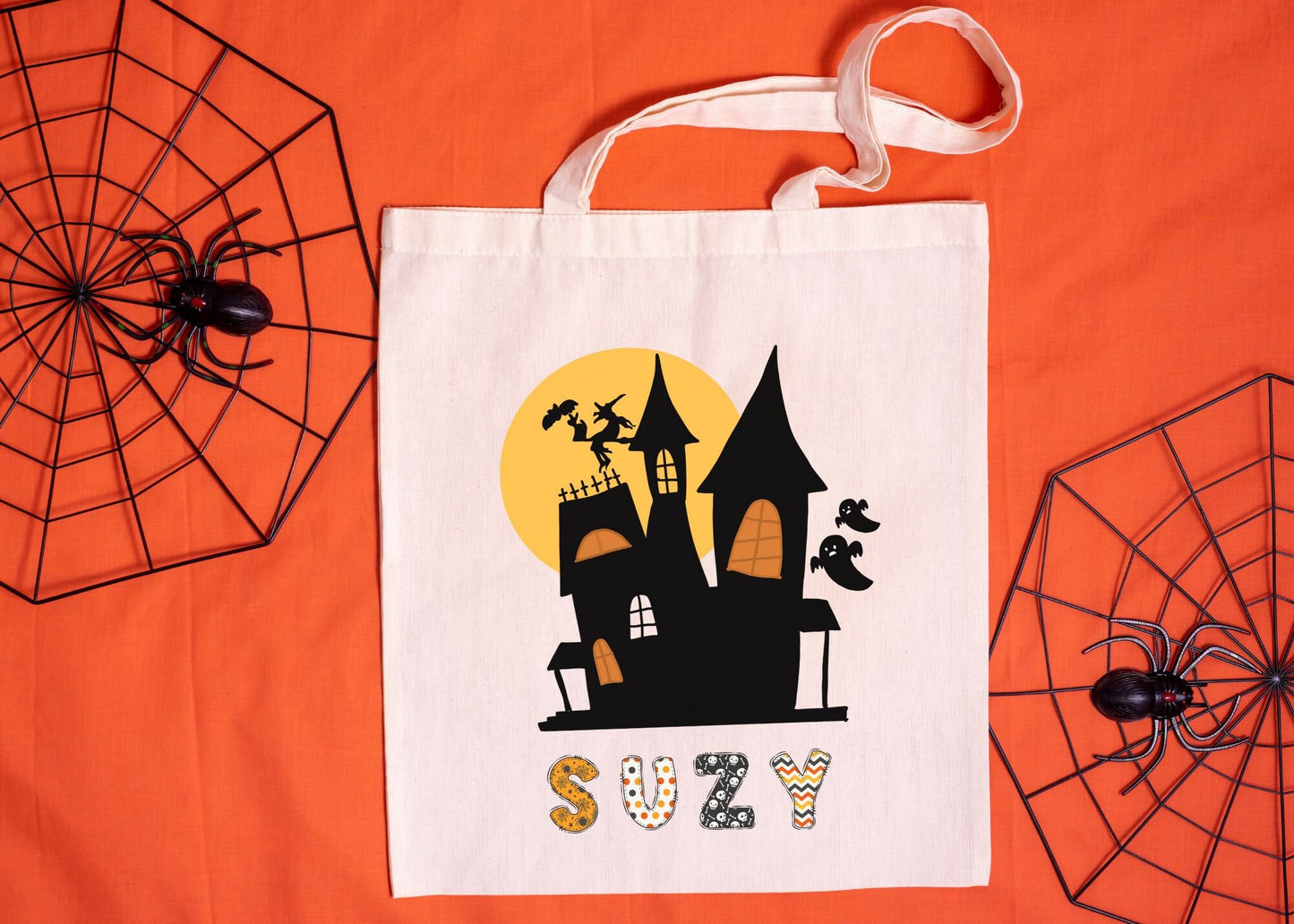 Haunted House Personalized Halloween Trick or Treat Canvas Tote Bag, Custom Trick or Treat Bag, Halloween Bags for Kids Gift, Trick-Or-Treat