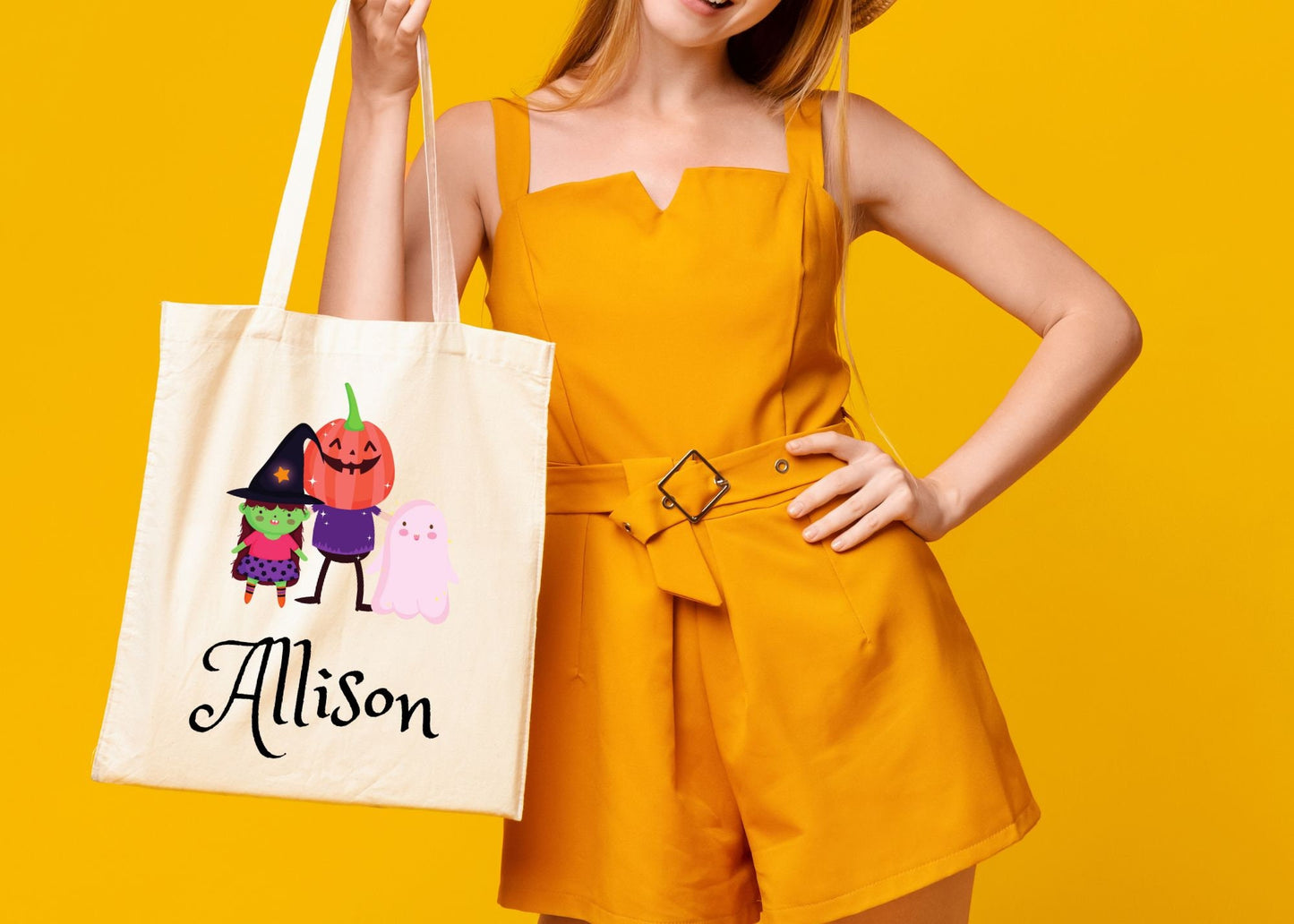 Personalized Halloween Trick or Treat Canvas Tote Bag- Ghost Pumpkin Witch