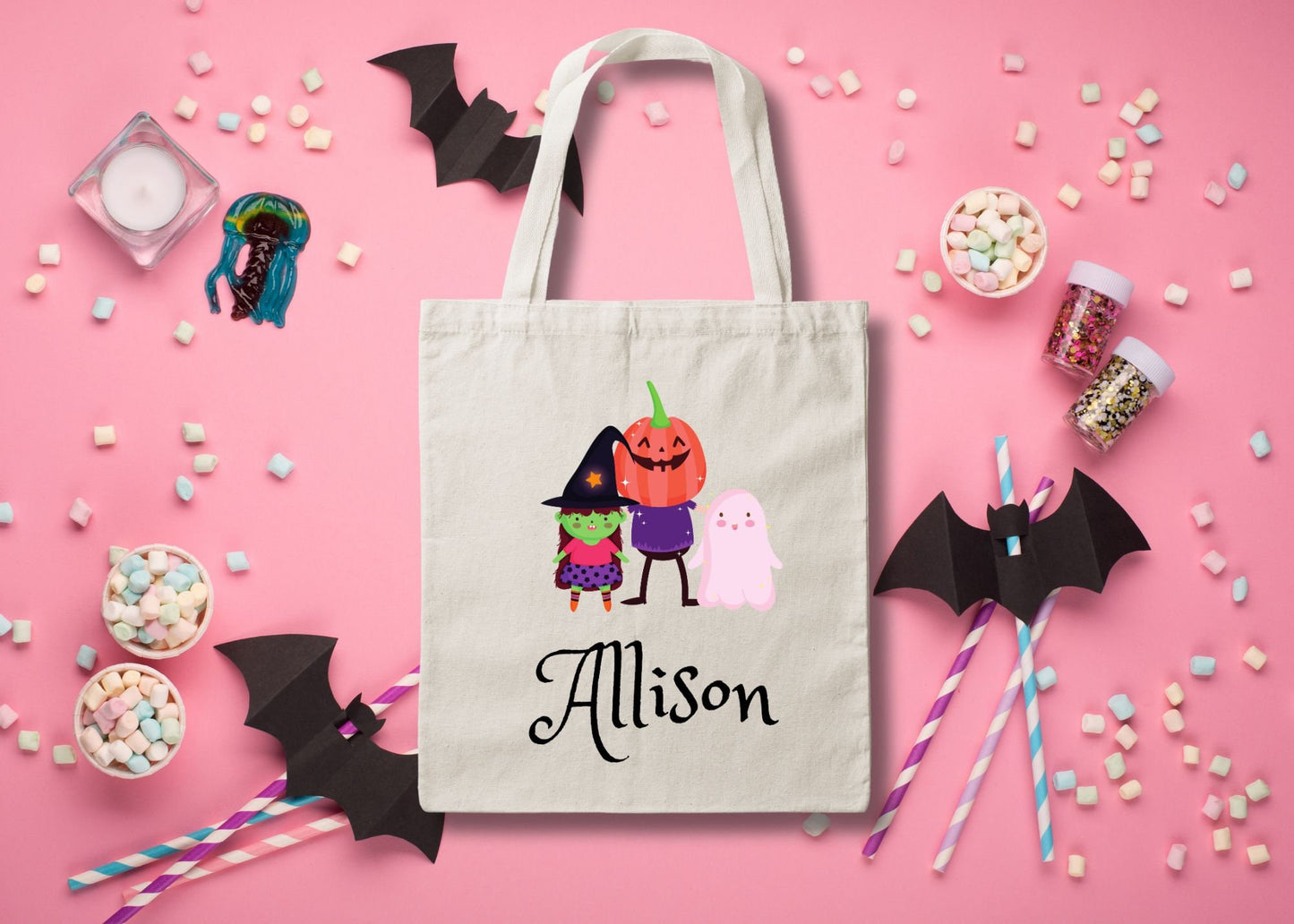 Personalized Halloween Trick or Treat Canvas Tote Bag- Ghost Pumpkin Witch