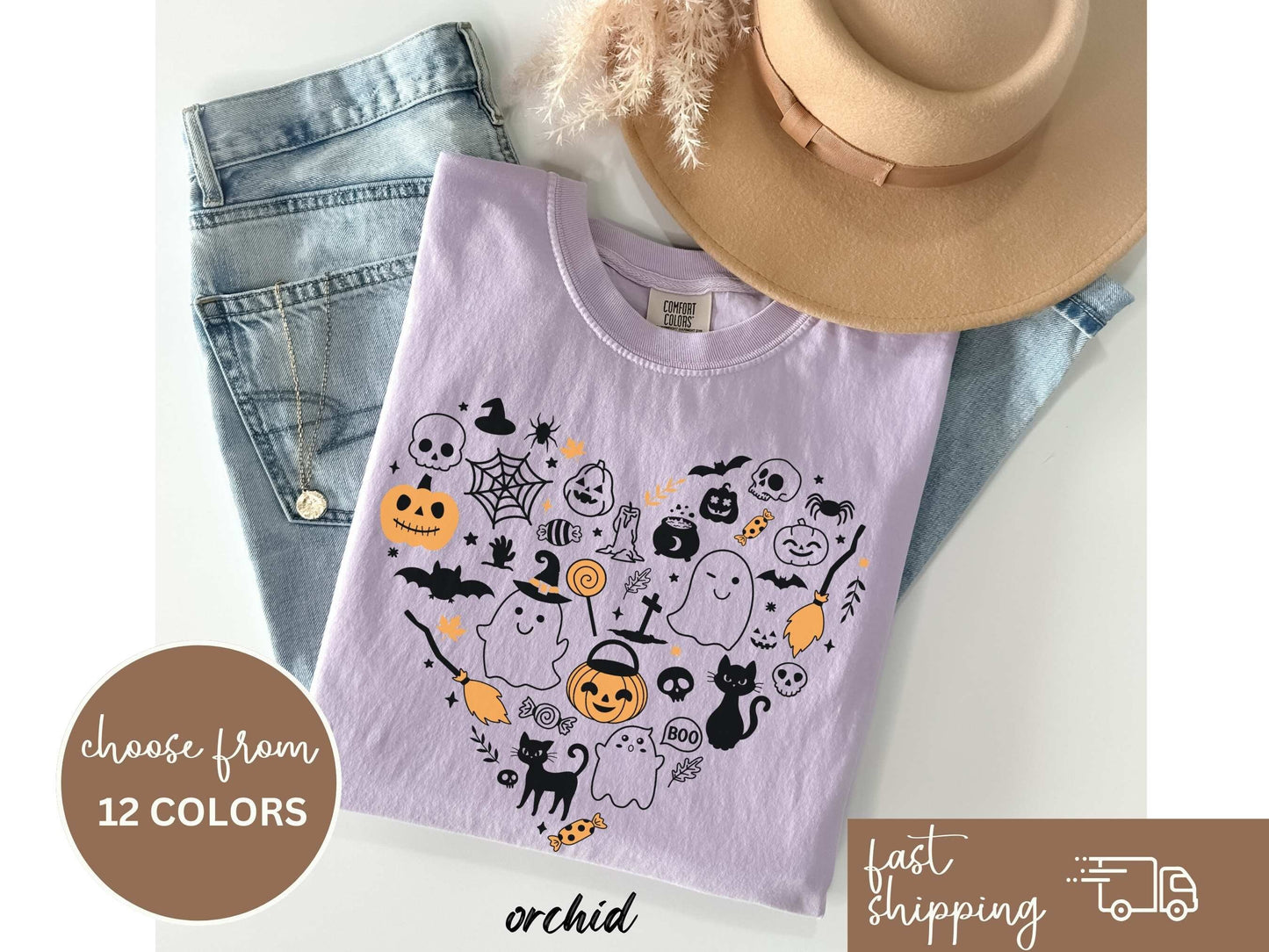 Halloween Doodles Heart Shirt, Cute Halloween Graphic Tee, Pumpkin Witch Ghost Spooky Mom Shirt, Halloween Tees, Lets Get Spooky, Spookie