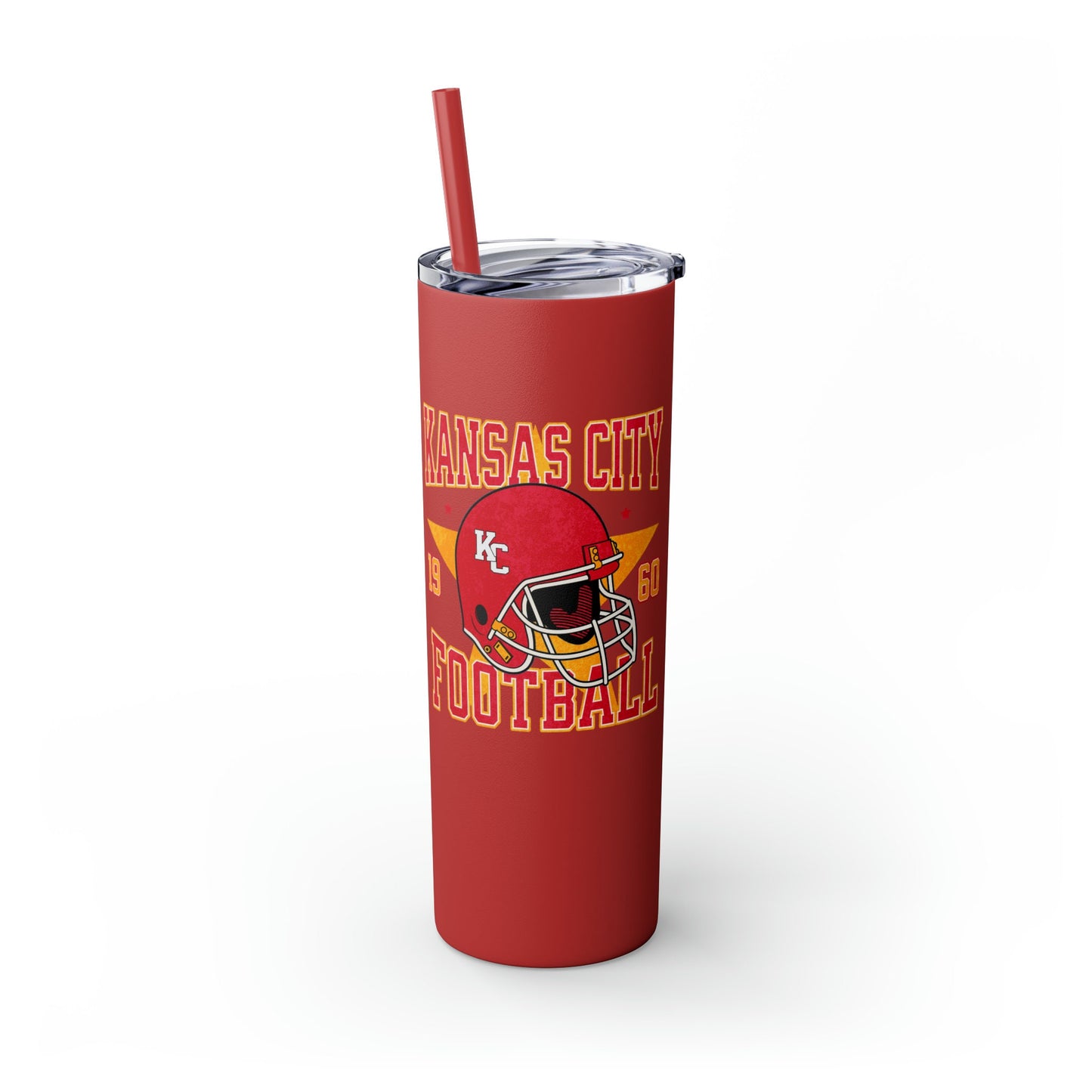 KC Football Skinny Tumbler with Straw, 20oz Tumbler, Kansas City Football Tumbler, Red Gold Number, Personalized KC Football Tumbler