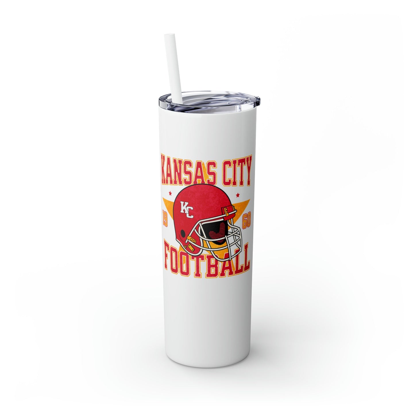 KC Football Skinny Tumbler with Straw, 20oz Tumbler, Kansas City Football Tumbler, Red Gold Number, Personalized KC Football Tumbler