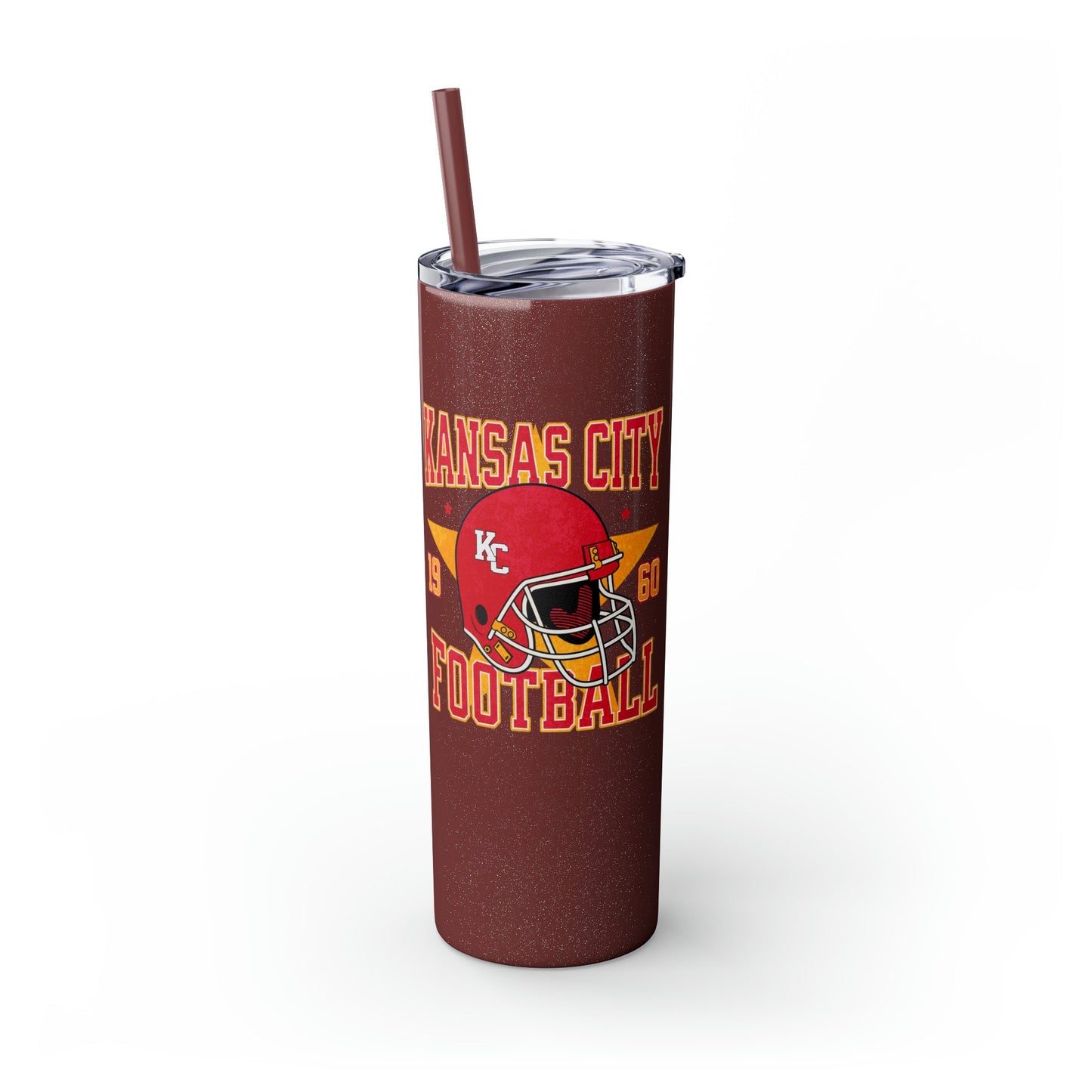 KC Football Skinny Tumbler with Straw, 20oz Tumbler, Kansas City Football Tumbler, Red Gold Number, Personalized KC Football Tumbler