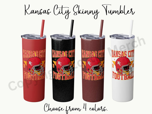 KC Football Skinny Tumbler with Straw, 20oz Tumbler, Kansas City Football Tumbler, Red Gold Number, Personalized KC Football Tumbler