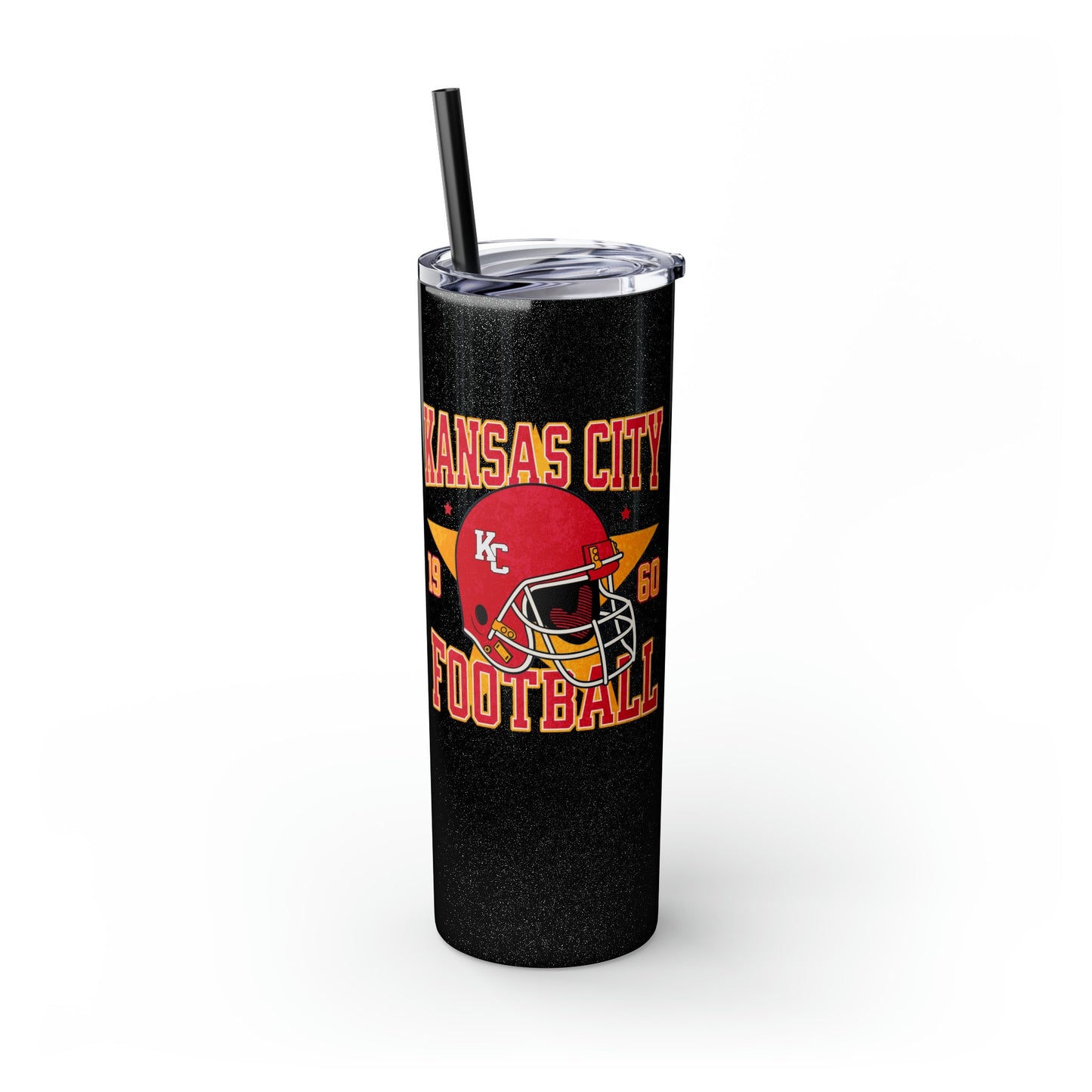 KC Football Skinny Tumbler with Straw, 20oz Tumbler, Kansas City Football Tumbler, Red Gold Number, Personalized KC Football Tumbler