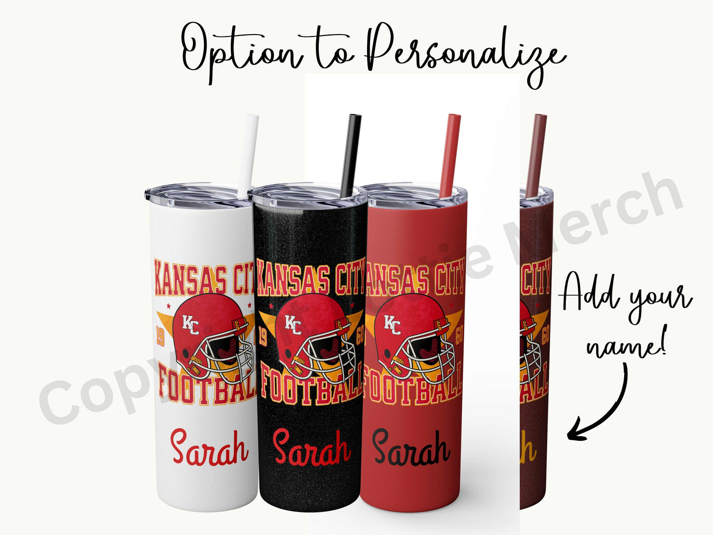 KC Football Skinny Tumbler with Straw, 20oz Tumbler, Kansas City Football Tumbler, Red Gold Number, Personalized KC Football Tumbler